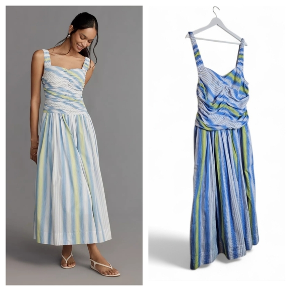 Anthropologie Dresses & Skirts - Anthropologie Maxi Dress L Blue Drop Waist Square Neck Pockets Sleeveless Cotton